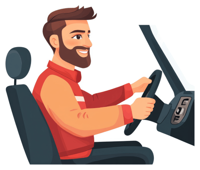A man driving a car in a profile view. png