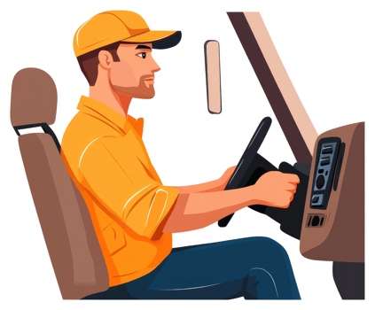 A man in an orange shirt driving a vehicle. png
