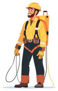 A lineman in safety gear holding a cable. png