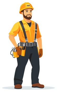 A skilled electrician in vibrant orange and black work attire. png