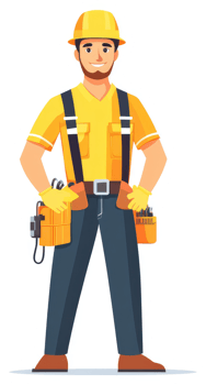 A cheerful worker in yellow uniform carrying tools. png