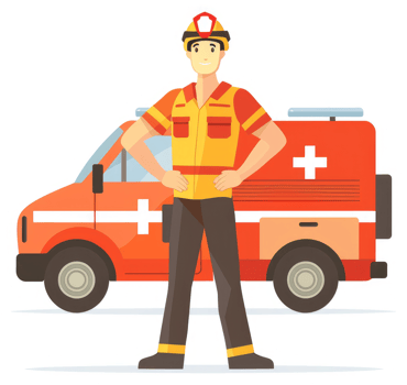 A paramedic stands guard beside a red ambulance. png