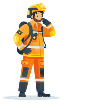 A firefighter in protective orange uniform, thoughtful and prepared for action. png