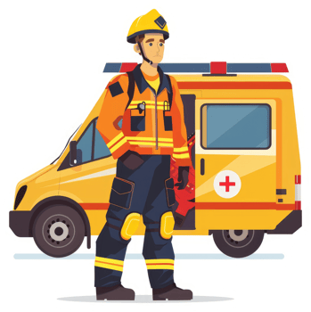 A firefighter stands guard beside an ambulance, ready for emergency response. png