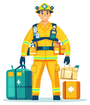 A firefighter equipped with medical supplies and carrying emergency equipment. png