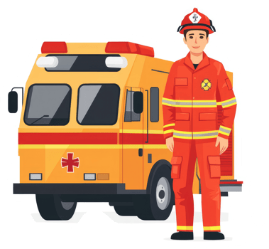 A firefighter stands beside a bright yellow emergency vehicle. png