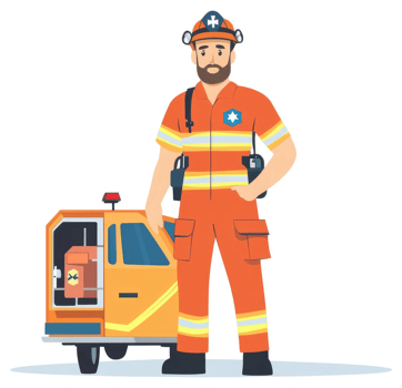 A paramedic in protective gear stands beside an emergency vehicle. png