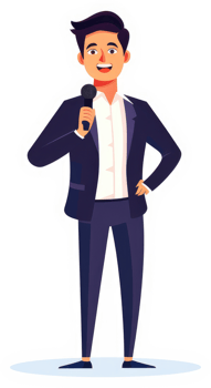 A man in a suit delivering a speech with a microphone. png