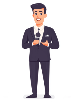 A businessman giving a presentation with a microphone. png