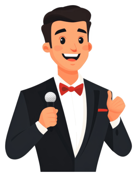 A jovial man in a tuxedo holds a microphone and gives a thumbs-up. png
