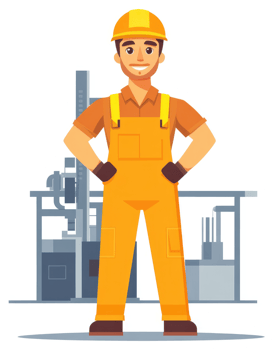 A confident industrial worker in bright orange uniform. png