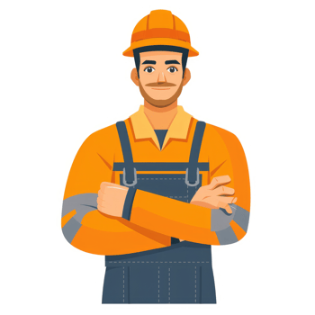 A confident worker in vibrant orange and navy uniform. png