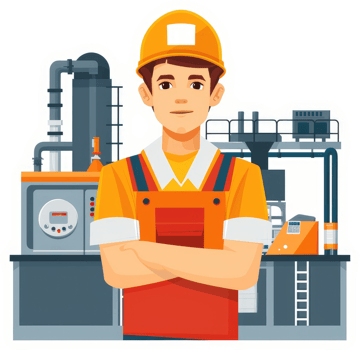 A confident industrial worker stands before complex machinery. png