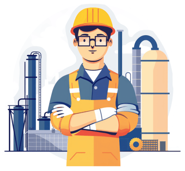 A confident industrial worker stands guard over a refinery. png