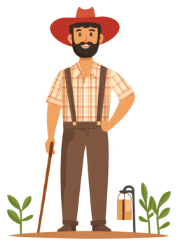 A farmer with a walking stick stands near a package. png