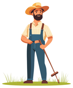 A smiling farmer in overalls stands in a grassy field with a tool. png