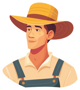 A smiling farmer in a straw hat and overalls. png