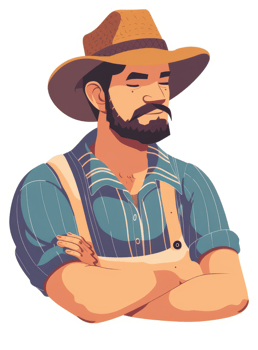 A contemplative farmer in a straw hat, arms crossed. png