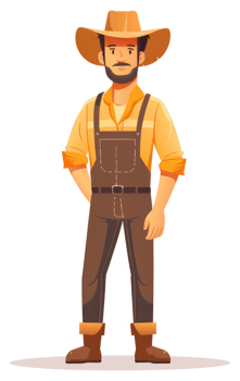 A cartoon illustration of a farmer wearing a straw hat, overalls, and boots. png