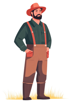 A farmer in traditional work attire stands in a field. png