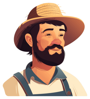 A stylized illustration of a farmer with a straw hat and beard. png