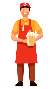 A smiling food service worker holding a takeout container. png