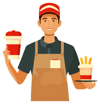 A cafe worker holding coffee and fries. png