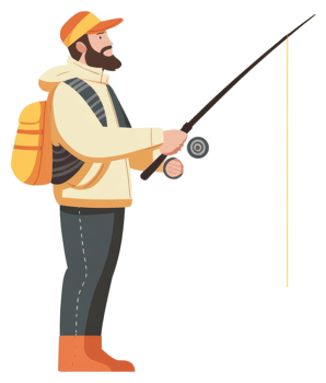 A bearded man with a backpack, fishing. png