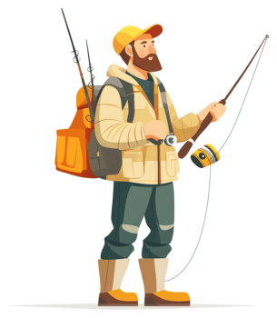 A bearded man in outdoor fishing gear, equipped for a wilderness trip. png