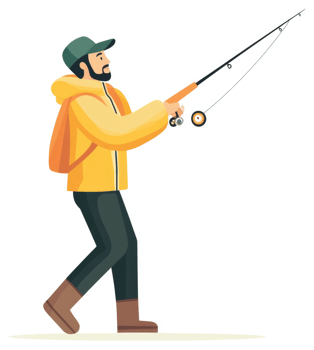 A man in a yellow jacket and cap fishing outdoors. png