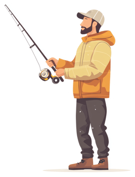 A man in warm clothing is fishing with a rod. png