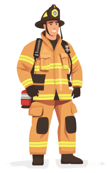 A smiling firefighter in protective gear, ready for action. png
