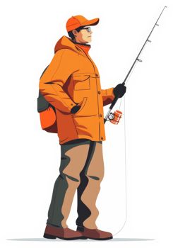 A man in protective gear fishing in cold weather. png