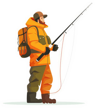 A winter fisherman in bright orange gear. png