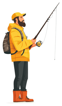 A man in a bright yellow jacket is fishing with a rod. png