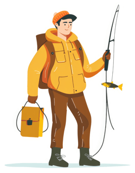 A smiling man in warm clothing, holding a fishing rod and a caught fish. png