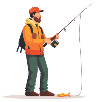 A smiling man in an orange jacket fishes with a fishing rod. png