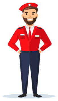 A smiling, uniformed man in a red and navy uniform. png