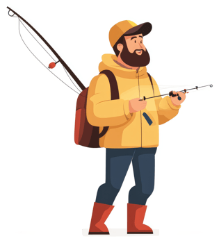 A man in a yellow waterproof jacket and boots, holding a fishing rod, ready for an outdoor fishing adventure. png