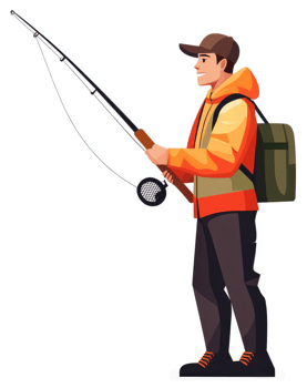 A man with a fishing rod and backpack, enjoying a day of fly fishing. png