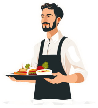 A waiter carrying a tray of various food items. png