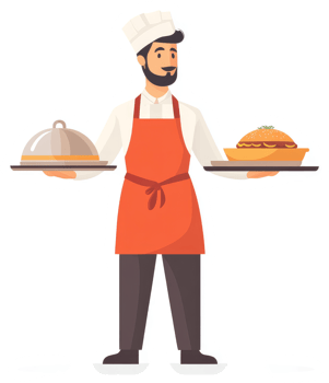 A chef in an orange apron holding trays of food. png