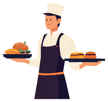 A chef serving delicious burgers on a tray. png