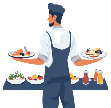 A chef serving various dishes on platters. png