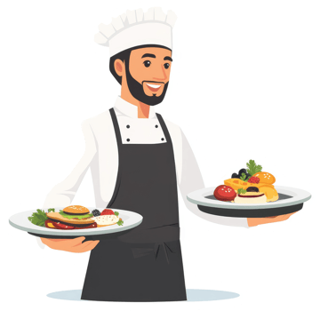 A smiling chef in a uniform holding trays of assorted food. png