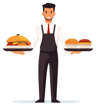 A waiter carrying trays of food, including a sandwich and two burgers. png