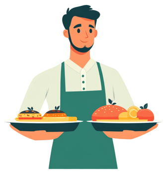 A waiter carrying trays of assorted food items. png