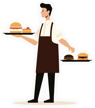 A waiter carrying a tray of burgers and other food items. png