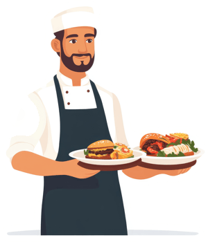 A chef holding trays of assorted food items. png