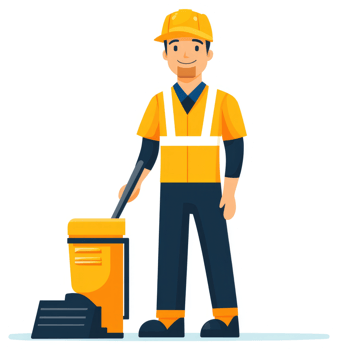 A floor care worker operating a floor scrubbing machine. png